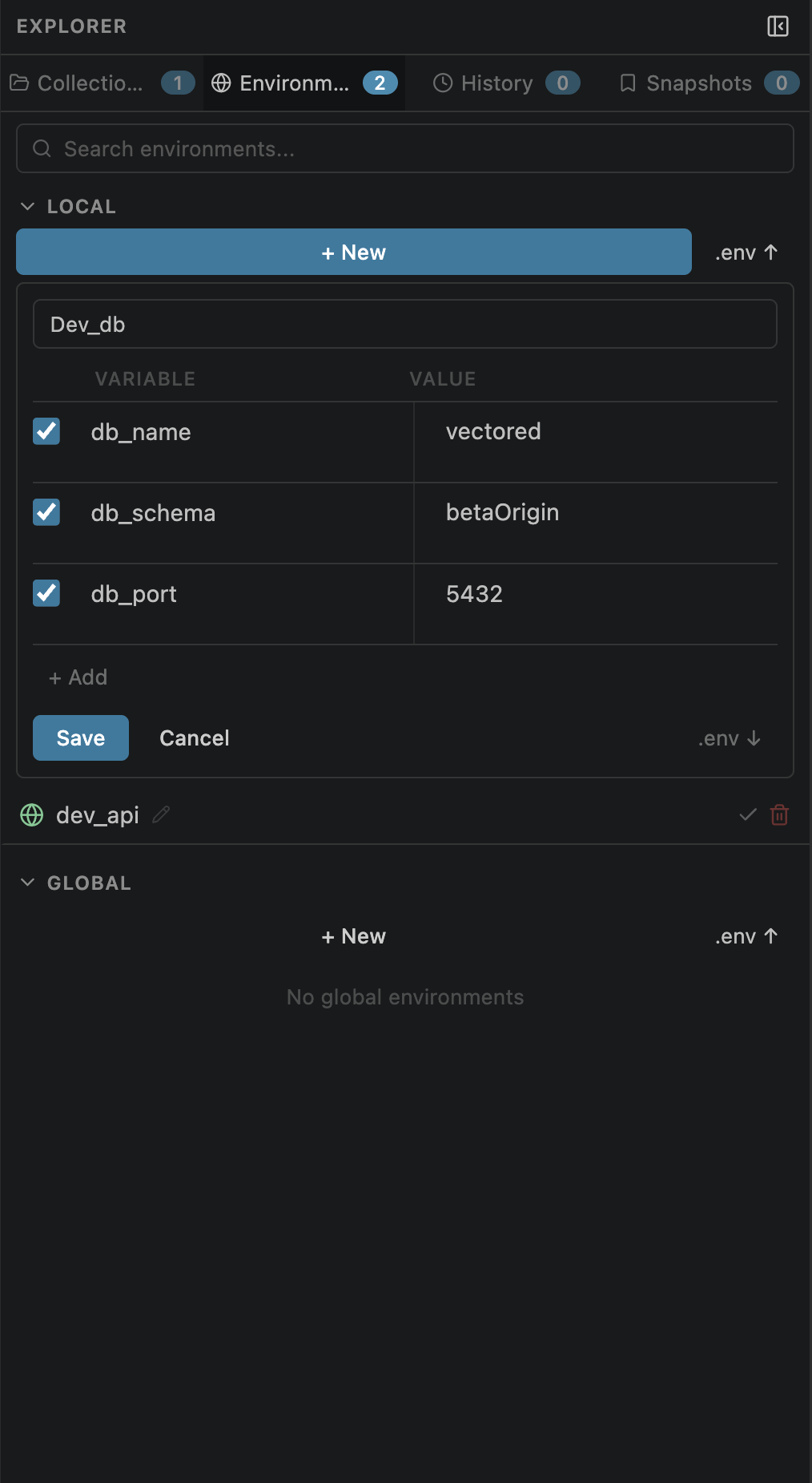 Creating a new environment with variables